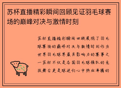 苏杯直播精彩瞬间回顾见证羽毛球赛场的巅峰对决与激情时刻