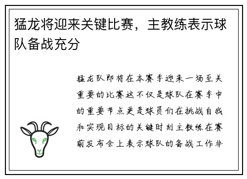 猛龙将迎来关键比赛，主教练表示球队备战充分